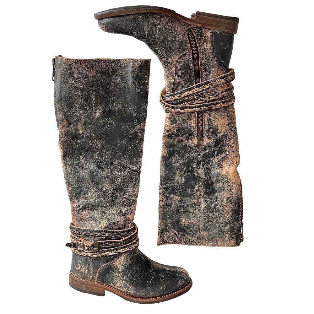 Bed Stu Buckle Eva Distressed Leather Tall Western Rocker Boots W 7.5 Y2K Boho